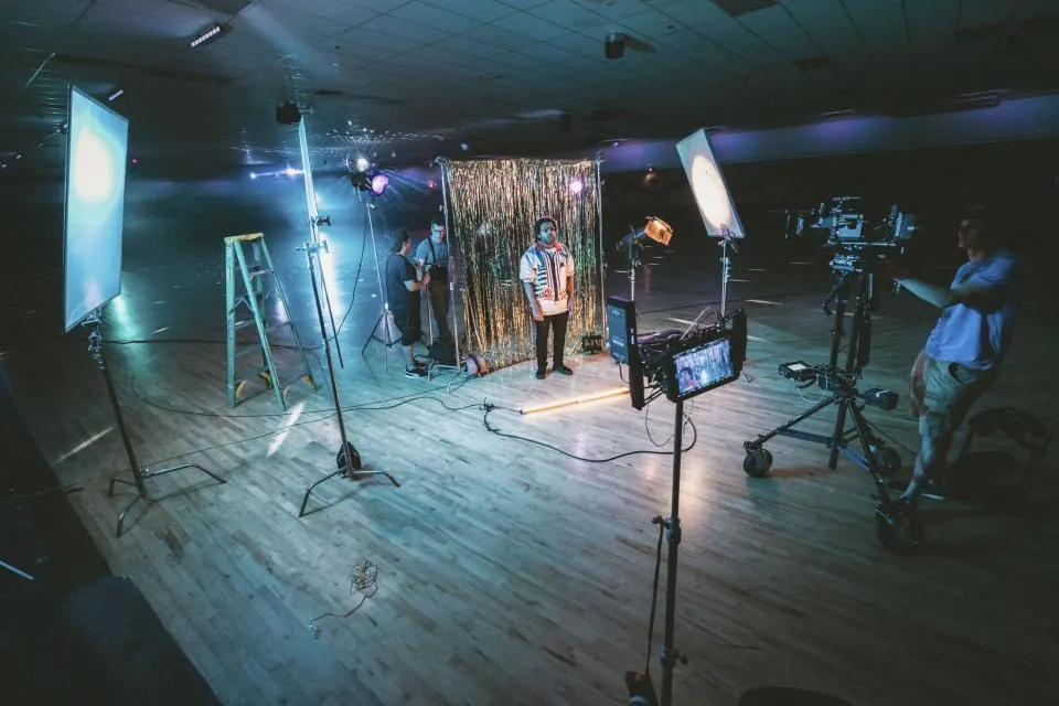Film set with lighting and camera rigged