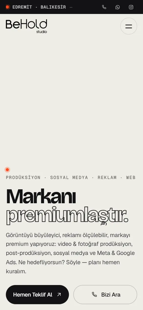 BeHold Studio-sajten i mobilvy