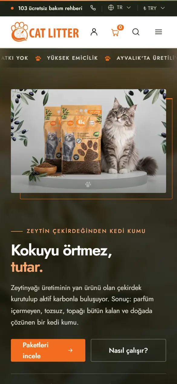 HK Cat Litter-sajten i mobilvy